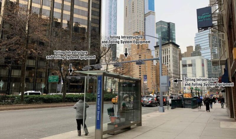 Rendering of a proposed mast arm housing tolling infrastructure and tolling system equipment over the roadway at Broadway between 60th and 61st Streets