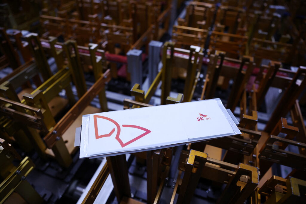 A SK On’s EV battery cell is pictured at its factory in Seosan